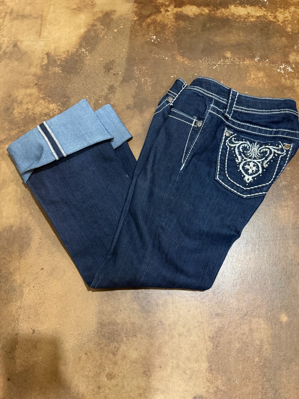 Miss Me Dark Blue Boot Cut Jeans with White Embroidered Back Pocket